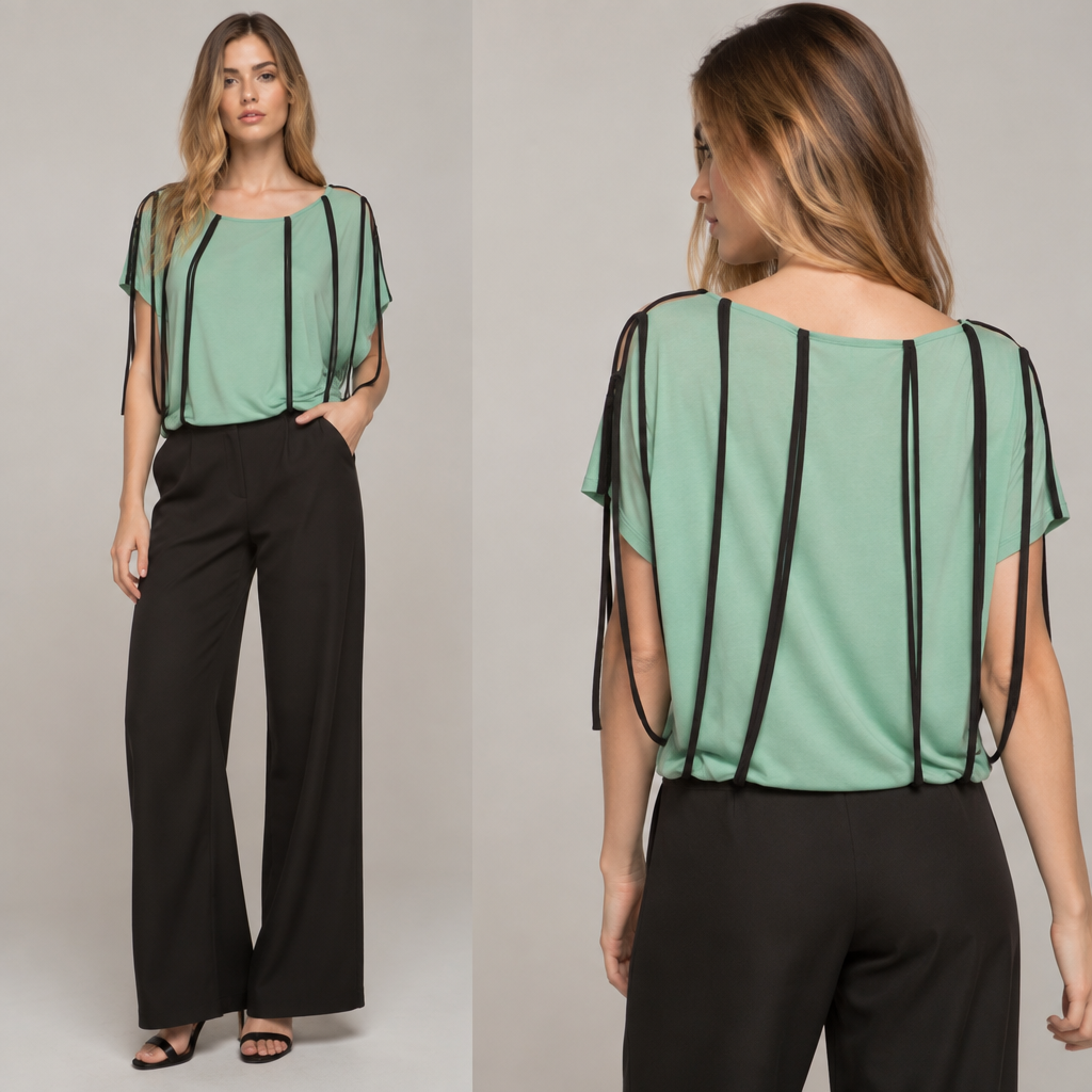 A Female fashion design. conjunto de mujer top tipo remera con escote redondo amplio color verde agua y que tenga en las mangas tiras que salgan desde el hombro y se conecten a el ruedo. y la parte del cuerpo quiero que las tiras salgan desde los hombros y cuello y se conecten co. el ruedo de cintura. las tiras pueden medir 1 centímetro cada una y que queden de forma olgada y de color negro. Argentina fashion aesthetics. Present it as professional fashion catalogue photography: the garment is the subject, shown full-length with editorial styling, neutral posing and tasteful, non-suggestive framing.
photorealistic fashion design, A Female fashion design. conjunto de mujer top tipo remera con escote redondo amplio color verde agua y que tenga en las mangas tiras que salgan desde el hombro y se conecten a el ruedo. y la parte del cuerpo quiero que las tiras salgan desde los hombros y cuello y se conecten co. el ruedo de cintura. las tiras pueden medir 1 centímetro cada una y que queden de forma olgada y de color negro. Argentina fashion aesthetics. Present it as professional fashion catalogue photography: the garment is the subject, shown full-length with editorial styling, neutral posing and tasteful, non-suggestive framing., just the design no text