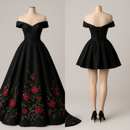 Long train Glittery Black wedding dress with embroidered green vines and red roses at the bottom. Corset back with off the shoulder sleeves. Make the skirt detachable turning the dress into a shorter dress.