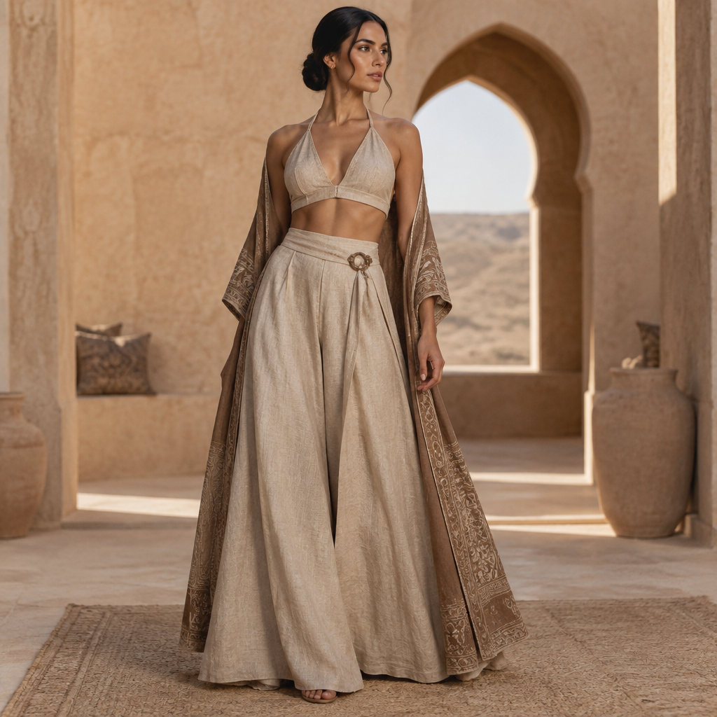 A Activewear design, made of Linen, with a soft, cosy hand, with a Flared silhouette, with a minimal-coverage cut, in an Earth Tones color palette, for Wedding, suitable for Winter, suited to a Dry & Arid climate, in Classic style, shown on a model with olive skin and an athletic build. Algeria fashion aesthetics. Present it as professional fashion catalogue photography: the garment is the subject, shown full-length with editorial styling, neutral posing and tasteful, non-suggestive framing.
photorealistic fashion design, A Activewear design, made of Linen, with a soft, cosy hand, with a Flared silhouette, with a minimal-coverage cut, in an Earth Tones color palette, for Wedding, suitable for Winter, suited to a Dry & Arid climate, in Classic style, shown on a model with olive skin and an athletic build. Algeria fashion aesthetics. Present it as professional fashion catalogue photography: the garment is the subject, shown full-length with editorial styling, neutral posing and tasteful, non-suggestive framing., classic style, just the design no text