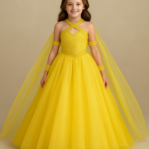 Preteen pageant girl yellow dress that has an Aline mixed with ball gown look. The bodice has yellow rhinestone beading with a sweetheart neckline that has straps that criss cross on the front and back to make it look like a halter. The waistline is a slanted to the side at an angle with a thick waistline band with full yellow rhinestone beading . The skirt of the dress is organza and hits the floor. 

The dress has arm cuffs on the upper arm with yellow rhinestone beading. Then the cape attaches at the back zipper of the dress and drapes in a “w” shape where it attached on the back of the arm cuffs. The cape is organza fabric and hits down to the floor past the dress. The back should have a full cape and you should be able to see the dress through the cape fabric in the back. 

The back of the dress straps are Criss cross as well with full yellow rhinestones beading. 