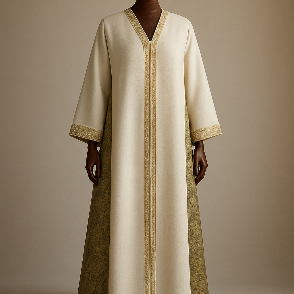 
(photorealistic)
"Photorealistic full-length fashion photograph of an ankle-length ivory white abaya v cut from front  and najdi geometric embroidery in gold for the edges(2.5cm) just front with out hands,displayed on a luxurious polished wooden mannequin. The abaya features long side slits from underarm to ankle with an external Kashmiri patterned panel attached to the outer edge of each slit; the Kashmiri panel is jacquard/textured paisley in complementary-olive green with little gold touches tones. A narrow Najdi geometric embroidery (3–3.5 cm wide) in matte antique-gold thread runs along the outer edge of each panel, with small repeating motifs spaced every 15–20 cm — embroidery visible down to the ankle. Silhouette: straight A-line, soft drape, lightweight wool-blend, lightly lined. Styling: clean neutral studio background, soft directional warm light, full-length view showing panels to the ankle, high-detail texture and fabric realism. Camera: 35mm perspective, shallow depth of field (f/4), high-resolution output (4k)."



(photorealistic)
"Photorealistic full-length fashion photograph of an ankle-length ivory white abaya v cut from front  and najdi geometric embroidery in gold for the edges(2.5cm) just front with out hands,displayed on a luxurious polished wooden mannequin. The abaya features long side slits from underarm to ankle with an external Kashmiri patterned panel attached to the outer edge of each slit; the Kashmiri panel is jacquard/textured paisley in complementary-olive green with little gold touches tones. A narrow Najdi geometric embroidery (3–3.5 cm wide) in matte antique-gold thread runs along the outer edge of each panel, with small repeating motifs spaced every 15–20 cm — embroidery visible down to the ankle. Silhouette: straight A-line, soft drape, lightweight wool-blend, lightly lined. Styling: clean neutral studio background, soft directional warm light, full-length view showing panels to the ankle, high-detail texture and fabric realism. Camera: 35mm perspective, shallow depth of field (f/4), high-resolution output (4k)."
, show front and back