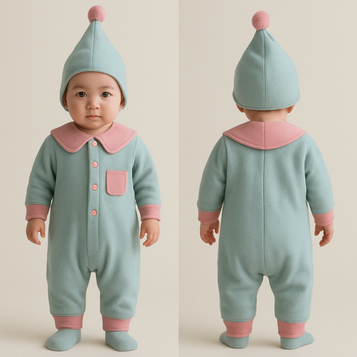 一歳の男の子着用画
淡い水色ベースにピンクの差し色の小人のような全身コーディネート
カバーオール
頭から足まで