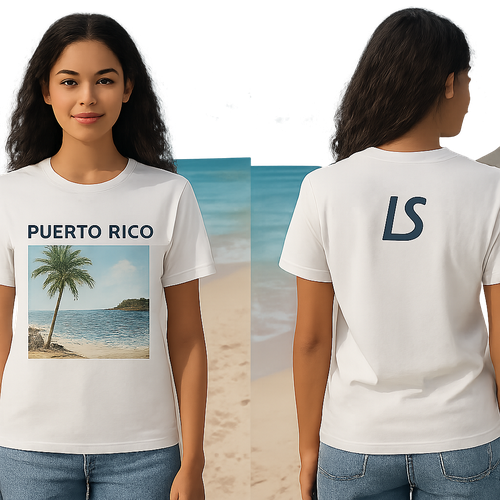 Puerto Rico beach with LS as the logo but in the front of the shirt top right