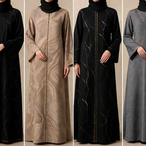 Create a modest abaya, the first of its kind, featuring a unique stone design that exudes a classy and sophisticated vibe. I'd like four designs, each showcasing different styles and fabrics. Incorporate high-end, unique chic stone designs to make them truly special. Add little sophisticated stone designs. Make it irresistible for customers 