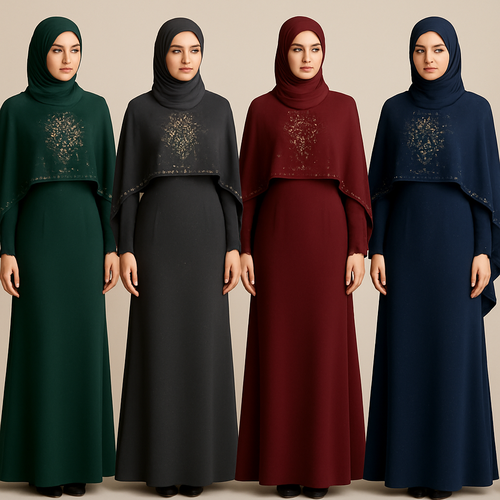 Create me modest two piece that's first in the world, using unique stone design, classy and sophisticated. Keep me 4 designs. Make them rich by adding minimal stone embroidery and stones designs.