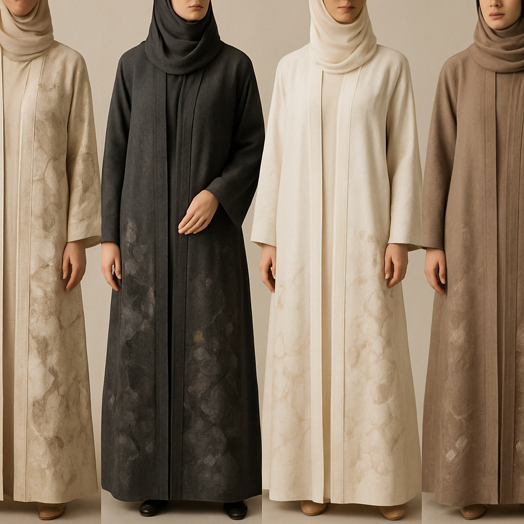 Create a modest two-piece linen abaya, the first of its kind, featuring a unique stone design that exudes a classy and sophisticated vibe. I’d like four designs, each showcasing different styles and fabrics. Incorporate high-end, unique chic stone designs to make them truly special. Add little sophisticated stone designs.

Create a modest two-piece linen abaya, the first of its kind, featuring a unique stone design that exudes a classy and sophisticated vibe. I’d like four designs, each showcasing different styles and fabrics. Incorporate high-end, unique chic stone designs to make them truly special. Add little sophisticated stone designs.