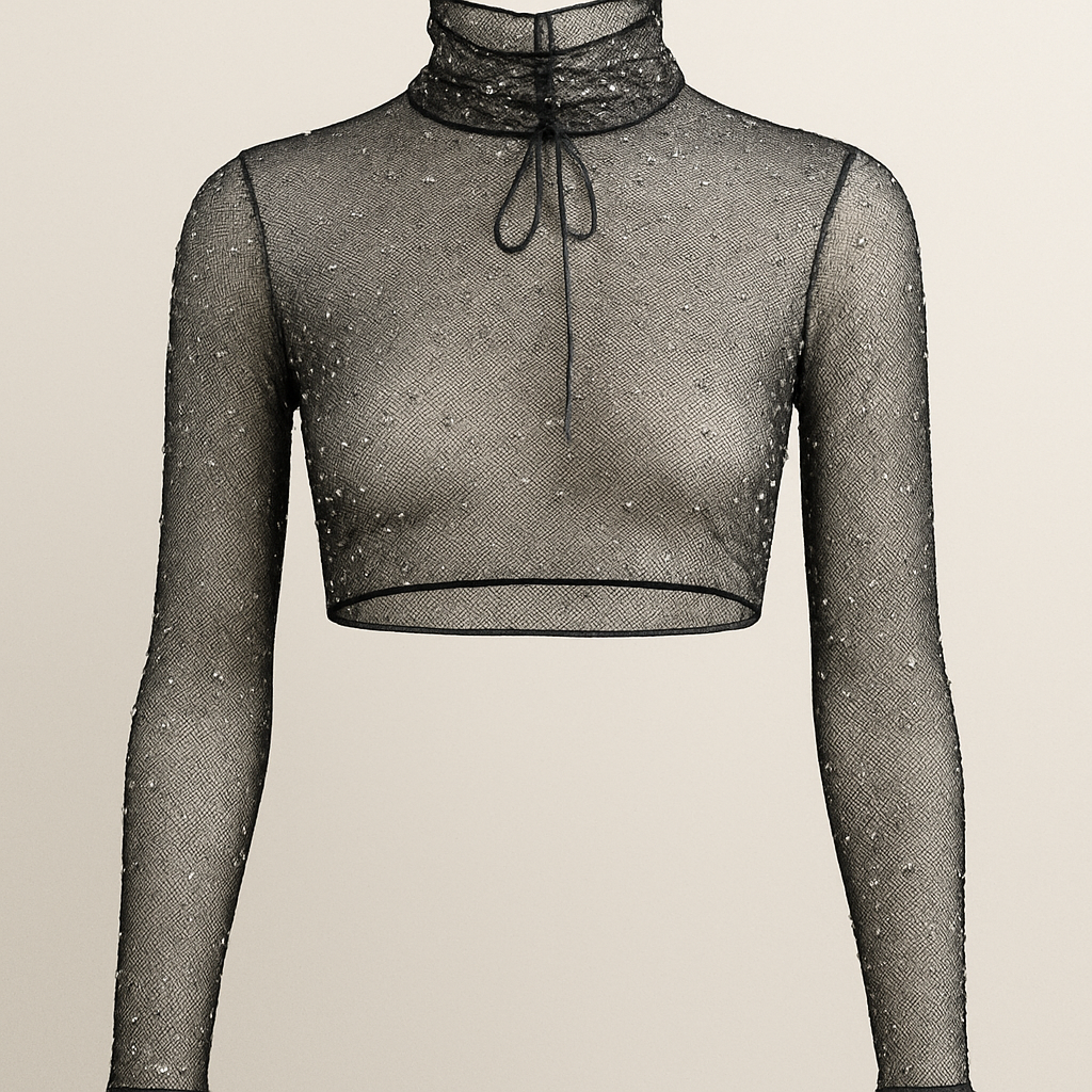 Design a long sleeve super crop top that comes above the bust and ties on the neck
Polo neck
Net material with rhinestones
Design a long sleeve super crop top that comes above the bust and ties on the neck
Polo neck
Net material with rhinestones