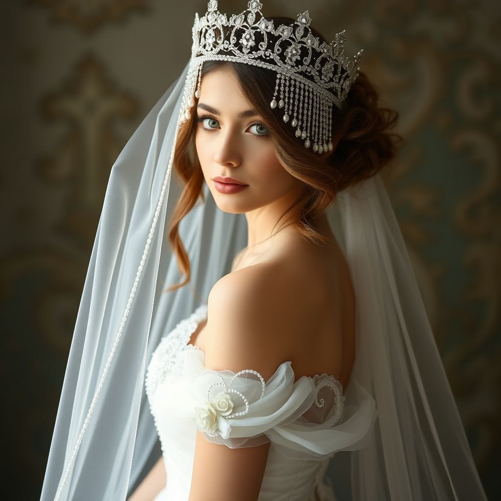Think orthodox wedding here, that’s so nice of you:) yes, I did have a baby ha ha UR AMAZING BEAUTIFUL WORK WOW. full sized:) ur so good! We need the feet too! Full model sized human. We need every dress detail!!! :) YAY Imagine all to see in ones appearance.. first the crown. Wow breathtaking! The embarking, the chains dangling around each spike of diamond. Then the veil.. mesh and see through, to see the beautiful brunette hair with balayage and baby lights. Design through the ends of the veil. Dress.. hmm.. I’m thinking flowy at the bottom and shaping at the waist. Pearl designs in the diameter of the bottom flowy part. On each side of the hip of the dress, curtain soft flower designs as on the inside is a pocket:). Necklace and makeup like Mary mandolin.. ORTHODOX beauty. Shoes spiral up the legs of the woman like a ballerina.. you can do the rest:)
Craft an enchanting orthodox wedding gown showcasing ethereal elegance. The intricate crown features cascading diamond chains, shimmering against a delicate, sheer veil that frames flowing balayage hair. The dress hugs the waist, flowing gracefully with pearl-embroidered hems and hidden pocketed floral accents. Completed with spiral ballet-inspired shoes, this look is a tribute to timeless beauty.