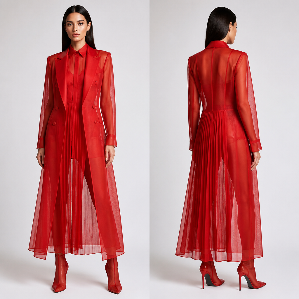 Women’s sheer red double breasted long blazer with a matching long pleated shirt in red sheer booties
photorealistic fashion design, Women’s sheer red double breasted long blazer with a matching long pleated shirt in red sheer booties , elegant style, just the design no text, show front and back