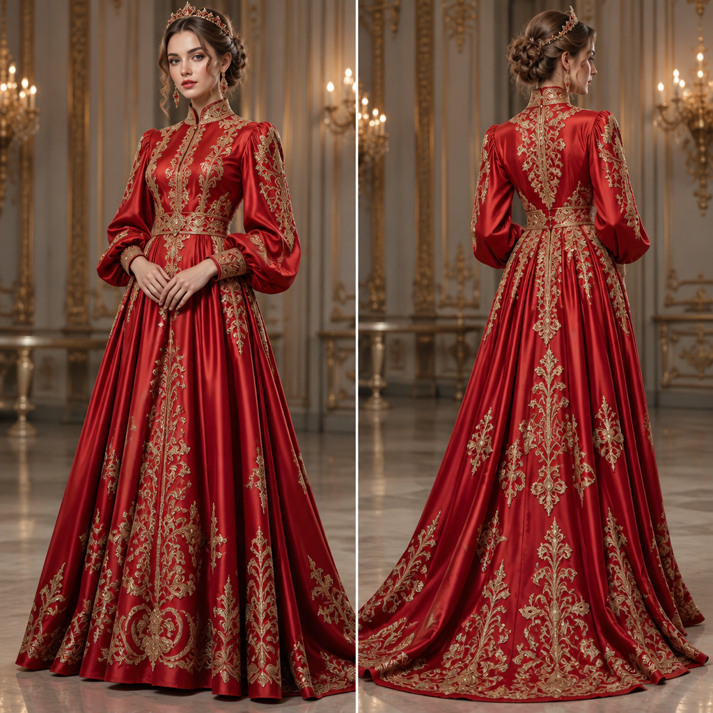 A Dress design, made of Satin, with a rich, textured surface, with modest, full coverage: longer hemlines, higher necklines and covered shoulders, in a Bold & Bright color palette, for Party, suitable for Fall, in Bohemian + Baroque style. вечернее платье для ковровой дорожки для бала. Russia fashion aesthetics. Present it as professional fashion catalogue photography: the garment is the subject, shown full-length with editorial styling, neutral posing and tasteful, non-suggestive framing.
photorealistic fashion design, A Dress design, made of Satin, with a rich, textured surface, with modest, full coverage: longer hemlines, higher necklines and covered shoulders, in a Bold & Bright color palette, for Party, suitable for Fall, in Bohemian + Baroque style. вечернее платье для ковровой дорожки для бала. Russia fashion aesthetics. Present it as professional fashion catalogue photography: the garment is the subject, shown full-length with editorial styling, neutral posing and tasteful, non-suggestive framing., bohemian style, just the design no text, show front and back
