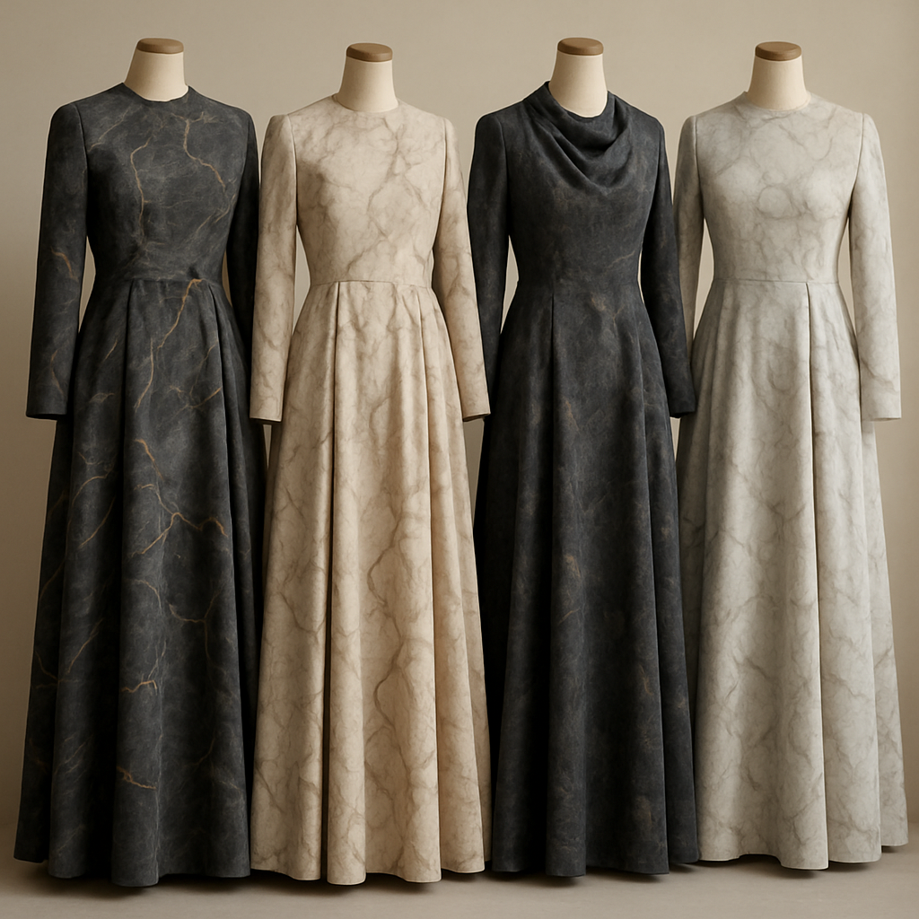 Create a modest dresses, first of its kind, featuring a unique stone design that exudes a classy and sophisticated vibe. I'd like four designs, each showcasing different styles and fabrics. Incorporate high-end, unique chic stone designs to make them truly special. Add little sophisticated stone designs. Make it irresistible for customers
Create a modest dresses, first of its kind, featuring a unique stone design that exudes a classy and sophisticated vibe. I'd like four designs, each showcasing different styles and fabrics. Incorporate high-end, unique chic stone designs to make them truly special. Add little sophisticated stone designs. Make it irresistible for customers