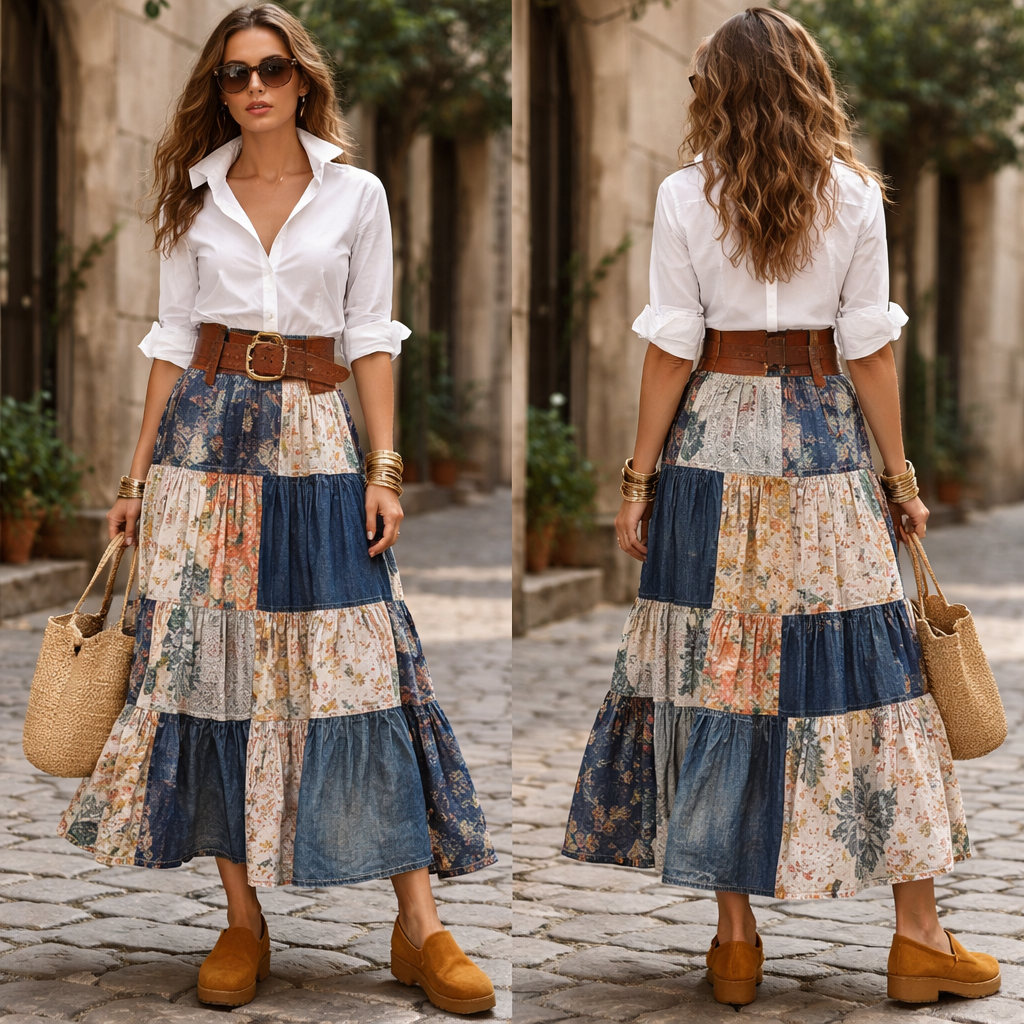 Think "Eclectic Heirloom." We’re taking a high-waisted, tiered patchwork maxi—a collage of sun-bleached florals, ticking stripes, and raw indigo denim—and giving it a sharp, editorial edge. To anchor the chaos of the prints, we’re tucking in a crisp, structured white poplin shirt with the sleeves rolled aggressively to the elbows and the collar popped just enough to frame the face.
We’ll cinch the waist with a wide, distressed cognac leather belt to bridge the gap between the structured top and the fluid skirt. For footwear, forget the expected sandal; we’re going with a chunky, honey-colored suede clog to lean into that 70s craft revival. Finish the look with oversized tortoiseshell frames and a stack of mismatched gold bangles. It’s a look that says "curated traveler"—rich in texture, grounded in tailoring, and entirely one-of-a-kind.
Think "Eclectic Heirloom." We’re taking a high-waisted, tiered patchwork maxi—a collage of sun-bleached florals, ticking stripes, and raw indigo denim—and giving it a sharp, editorial edge. To anchor the chaos of the prints, we’re tucking in a crisp, structured white poplin shirt with the sleeves rolled aggressively to the elbows and the collar popped just enough to frame the face.
We’ll cinch the waist with a wide, distressed cognac leather belt to bridge the gap between the structured top and the fluid skirt. For footwear, forget the expected sandal; we’re going with a chunky, honey-colored suede clog to lean into that 70s craft revival. Finish the look with oversized tortoiseshell frames and a stack of mismatched gold bangles. It’s a look that says "curated traveler"—rich in texture, grounded in tailoring, and entirely one-of-a-kind., show front and back