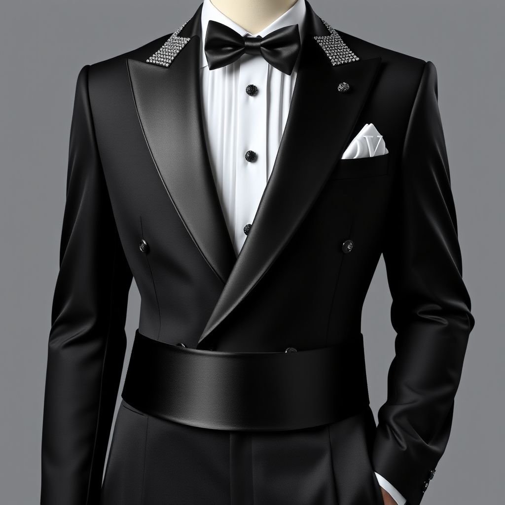 Men’s black rhinestone suit, with long belt that wraps around and hangs long on side, slim fit, with “DV” on it. Mens Tuxedos Double Breasted Groom Wear For Wedding Male Party Blazer Customized Streetwear 2 Pieces
Design an elegant men's tuxedo, tailored from luxurious black satin with intricate rhinestone detailing. The slim-fit silhouette features a striking long belt, gracefully cascading down the side. Emphasize sophistication with "DV" subtly integrated into the lapel. Perfect for weddings or upscale events, this bespoke two-piece exudes refined streetwear charm.