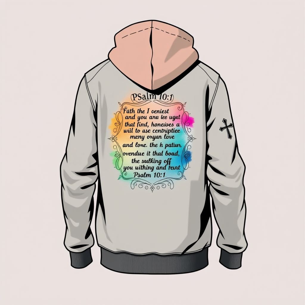 A Zip up hoodie with a cross on the right hand side in the front of the hoodie. “The LORD said unto my Lord, Sit thou at my right hand, until I make thine enemies thy footstool.” Psalms 110:1 on the back in a design.
Design a contemporary streetwear zip-up hoodie in soft, organic cotton blend. The front features a subtle, embroidered cross on the right side, symbolizing faith. The back showcases Psalm 110:1 in bold, artistic typography, intertwined with ethereal, abstract patterns. Add a blend of muted and vibrant colors for a striking contrast.