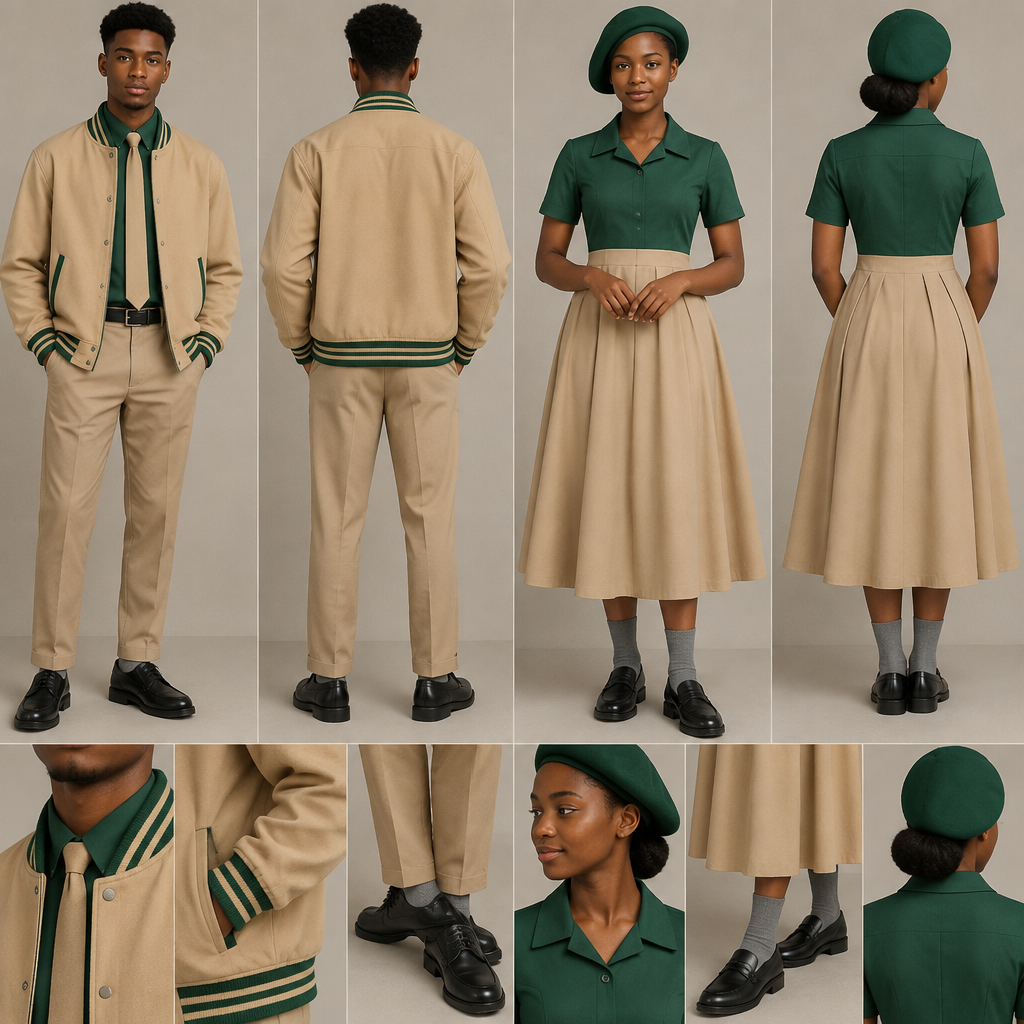 Design a light brown baseball jacket with green accents for both male and female. Light brown arms .No writings on the jacket . Use black teenagers as models. show back and front face.
A fit and flare dress top half green and bottom half light brown,covering chest area,almost reaching ankles,green barrett and grey socks for the female.
A light brown relaxed trouser reaching ankles,green shirt,light brown tie and grey socks for the male.
Nice black school shoes for both.. South Africa fashion aesthetics. Present it as professional fashion catalogue photography: the garment is the subject, shown full-length with editorial styling, neutral posing and tasteful, non-suggestive framing.
photorealistic fashion design, Design a light brown baseball jacket with green accents for both male and female. Light brown arms .No writings on the jacket . Use black teenagers as models. show back and front face.
A fit and flare dress top half green and bottom half light brown,covering chest area,almost reaching ankles,green barrett and grey socks for the female.
A light brown relaxed trouser reaching ankles,green shirt,light brown tie and grey socks for the male.
Nice black school shoes for both.. South Africa fashion aesthetics. Present it as professional fashion catalogue photography: the garment is the subject, shown full-length with editorial styling, neutral posing and tasteful, non-suggestive framing., just the design no text