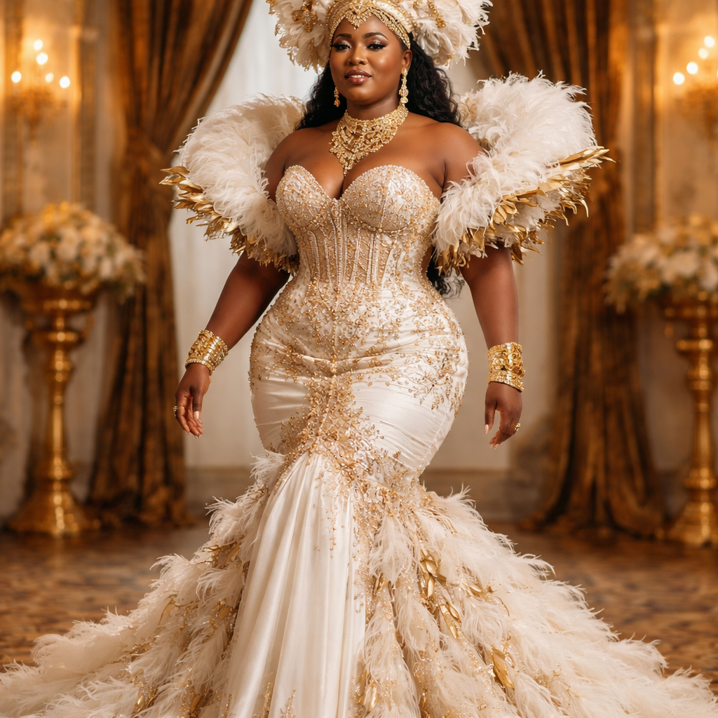 wedding dress, Congolese inspiration, modern luxury, fitted waist, elegant it’s my traditional wedding dress, high-fashion editorial, plus-size couture. Im looking for something like coming to America style
wedding dress, Congolese inspiration, modern luxury, fitted waist, elegant it’s my traditional wedding dress, high-fashion editorial, plus-size couture. Im looking for something like coming to America style