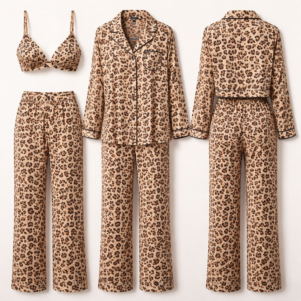 A brallete with only the straps on the shoulder also a pyjama pants and blouse in cheetah print. Kind of like a kind pyjama. No bow on the pants and more like a modal/polymester/katoen fabric. no clasp on the back of the brallete and no strings on the pants
A brallete with only the straps on the shoulder also a pyjama pants and blouse in cheetah print. Kind of like a kind pyjama. No bow on the pants and more like a modal/polymester/katoen fabric. no clasp on the back of the brallete and no strings on the pants, sleepwear style, show front and back