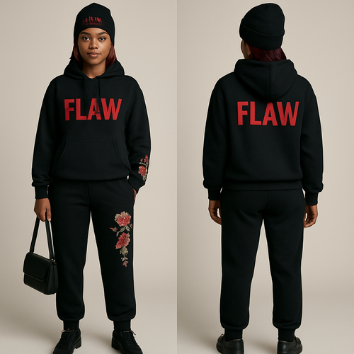 Black jogging suit hoodie with bold words Flaw in abbreviation on it in red braids gold hoop earrings and gold bracelet flowers one sleeve and pants Black cross body purse and black nike shoes a black beanie saying Flaw in red