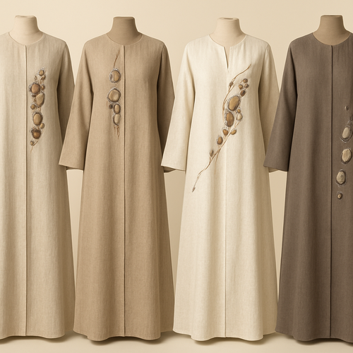 Create a modest two-piece linen abaya, the first of its kind, featuring a unique stone design that exudes a classy and sophisticated vibe. I’d like four designs, each showcasing different styles and fabrics. Incorporate high-end, unique chic stone designs to make them truly special. Add little sophisticated stone designs.