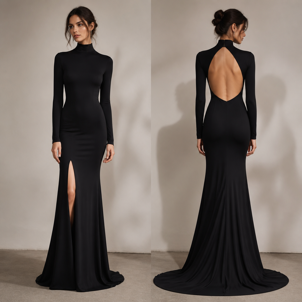 photorealistic fashion design, A Female Dress design, suitable for Fall. فستان اسود طول وضيق من الارجل مفتوح للركبه وفسيح ورد من تحت الفستانمن الضهر مفتوح جدا مسكر من الصدر الرقبه طولها وسط. YE fashion aesthetics. Present it as professional fashion catalogue photography: the garment is the subject, shown full-length with editorial styling, neutral posing and tasteful, non-suggestive framing., just the design no text. Refinement: فتحة الضهر والرجل أصغر ورد من تحت الفستان
photorealistic fashion design, photorealistic fashion design, A Female Dress design, suitable for Fall. فستان اسود طول وضيق من الارجل مفتوح للركبه وفسيح ورد من تحت الفستانمن الضهر مفتوح جدا مسكر من الصدر الرقبه طولها وسط. YE fashion aesthetics. Present it as professional fashion catalogue photography: the garment is the subject, shown full-length with editorial styling, neutral posing and tasteful, non-suggestive framing., just the design no text. Refinement: فتحة الضهر والرجل أصغر ورد من تحت الفستان, just the design no text