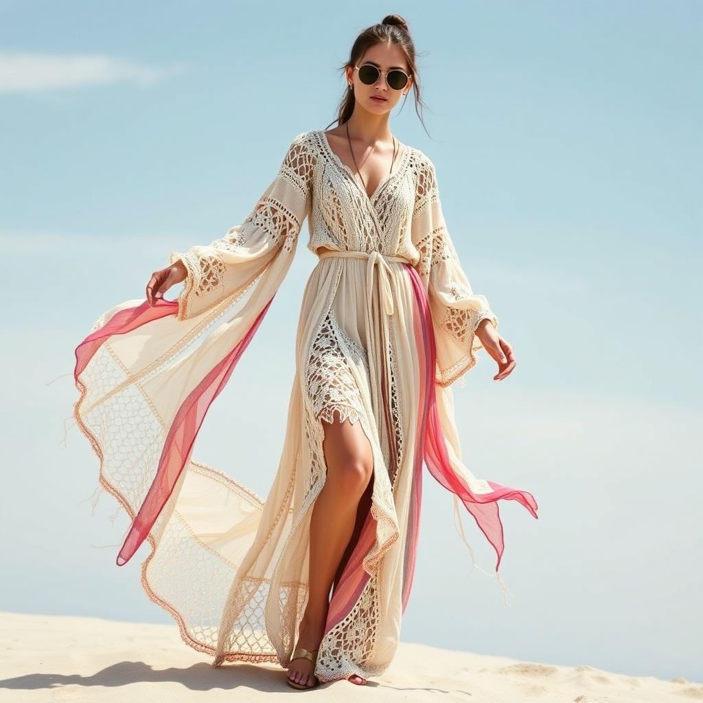 Croché com tecido
Explore a fusion of crochet and fabric in this bohemian fashion design. Imagine flowing maxi dresses adorned with intricate crochet patterns mixed with lightweight, multi-colored fabrics. Complemented by oversized sleeves and a cinched waist, the look evokes a carefree, artsy vibe, perfect for summer festivals or beachside gatherings.