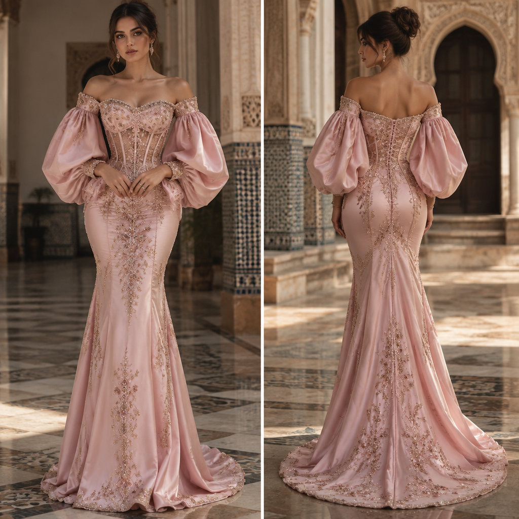A Dress design. فستان زهري الجزء العلوي يكون باكمام عريضة و الأكتاف تكون عارية اما الجزء السفلي فيكون مخصرا ويكون على شكل الجسم وهو جسم الساعة الرملية كما انا فيه بعض الأحجار الجميلة ويكون فكتوريا. Algeria fashion aesthetics. Present it as professional fashion catalogue photography: the garment is the subject, shown full-length with editorial styling, neutral posing and tasteful, non-suggestive framing.
photorealistic fashion design, A Dress design. فستان زهري الجزء العلوي يكون باكمام عريضة و الأكتاف تكون عارية اما الجزء السفلي فيكون مخصرا ويكون على شكل الجسم وهو جسم الساعة الرملية كما انا فيه بعض الأحجار الجميلة ويكون فكتوريا. Algeria fashion aesthetics. Present it as professional fashion catalogue photography: the garment is the subject, shown full-length with editorial styling, neutral posing and tasteful, non-suggestive framing., just the design no text