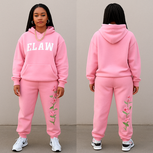 A pink jogging suit with the word F.L.A.W on the hoodie and the jogging pants with flowers as a design a gold chain and gold hoop earrings and Nike shoes and  box braids 