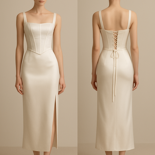 A slim, silk, off white dress with a tight fit with a fake corset vibe to the bodice with lacing at the back and a slit through the side and the skirt passes the ankles no string straps





