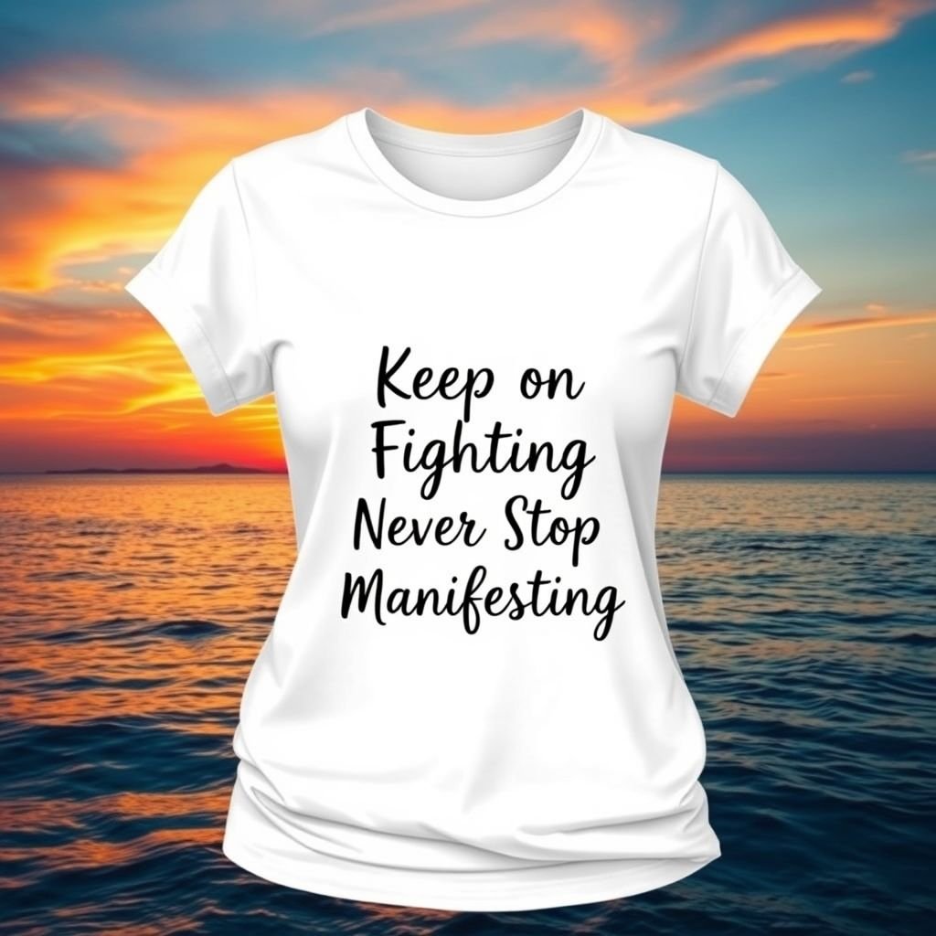 White slim fit stretch fabric female T-shirt with the an image of the sea with the sun setting with orange blue sky with this quote in the center of the T-shirt write “Keep on Fighting , Never stop Manifesting.”
Design a relaxed, white slim-fit stretch fabric T-shirt for women featuring a dreamy sunset over a tranquil sea, with vibrant orange and blue hues blending harmoniously. The center showcases the inspiring quote, “Keep on Fighting, Never Stop Manifesting,” in a casual, hand-lettered script, perfect for effortless everyday wear.