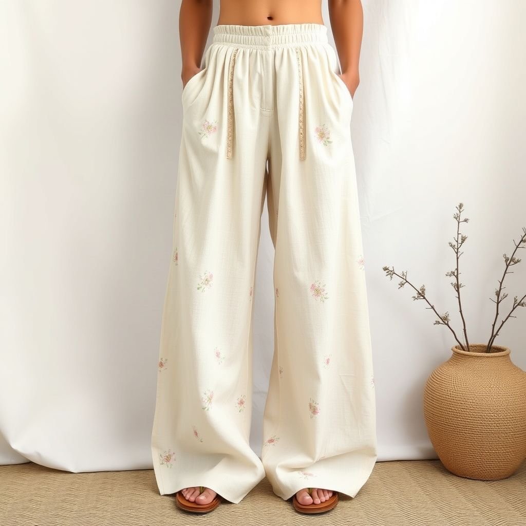 Front fly closure pants style Zimmerman linen pin tucks through Centre
Design a pair of airy Zimmerman-inspired linen pants featuring a high front fly closure. Incorporate delicate pin tucks running vertically down the center for added sophistication. The relaxed, wide-leg silhouette embodies Bohemian chic, while a subtle pastel floral pattern enhances the natural texture of the linen, evoking breezy summer vibes.