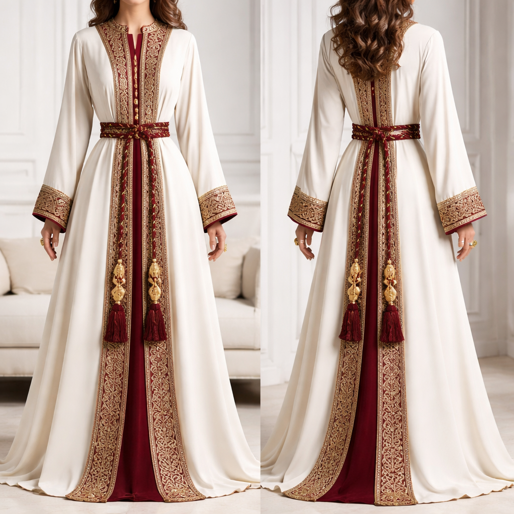 Generate a long dress with long sleeves , style kinda caftan , with a belt that is wrapped that looks like a rope and stylish endings , make it , the bond in the middle en grenat and countains الخط الكوفي en dorée with goldish bordures it goes all the way down the center of the dress two bonds facing each others
Generate a long dress with long sleeves , style kinda caftan , with a belt that is wrapped that looks like a rope and stylish endings , make it , the bond in the middle en grenat and countains الخط الكوفي en dorée with goldish bordures it goes all the way down the center of the dress two bonds facing each others
, show front and back