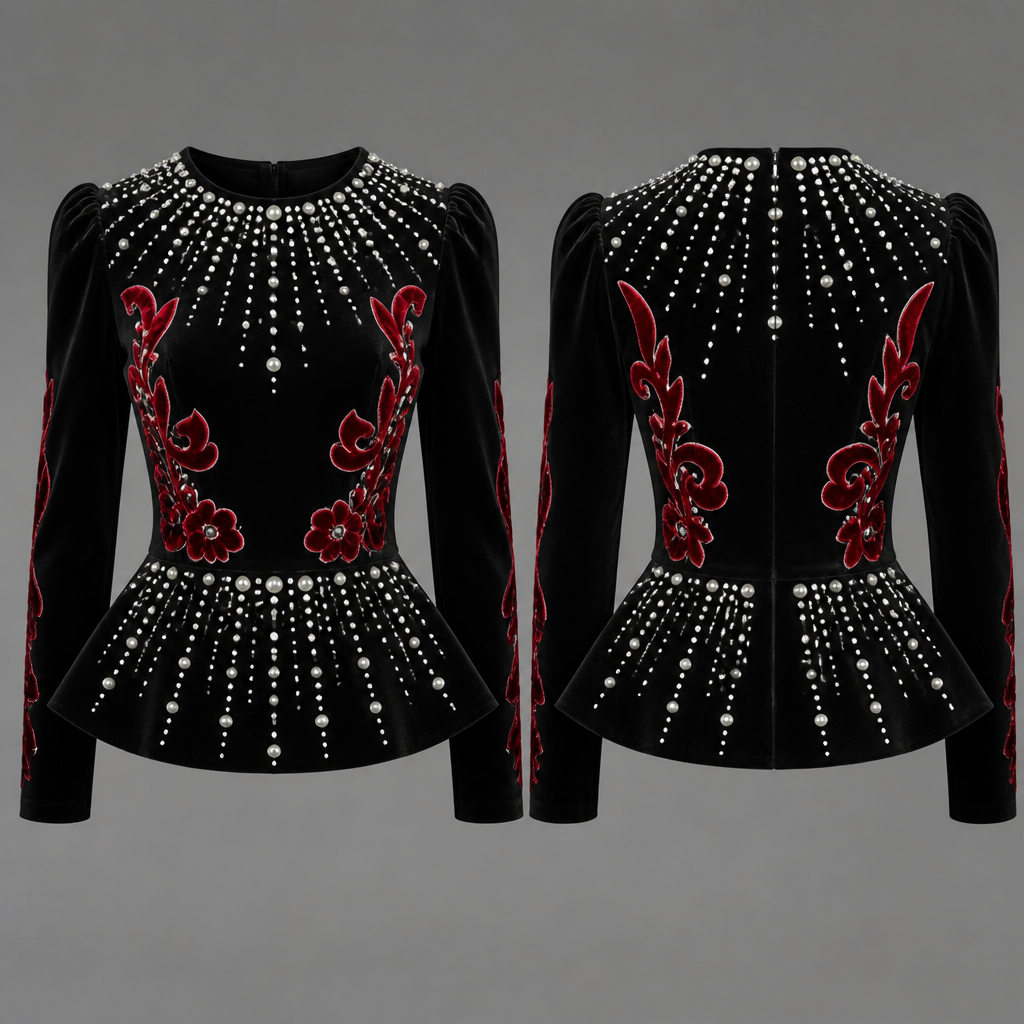 The upper body of the garment is crafted from black velvet, adorned with a distinctive pattern of white beads of varying sizes. These beads emanate from the round neckline and bottom, creating a captivating contrast against the red velvet embellishments.
photorealistic fashion design, The upper body of the garment is crafted from black velvet, adorned with a distinctive pattern of white beads of varying sizes. These beads emanate from the round neckline and bottom, creating a captivating contrast against the red velvet embellishments.
, rockabilly style, just the design no text, show front and back