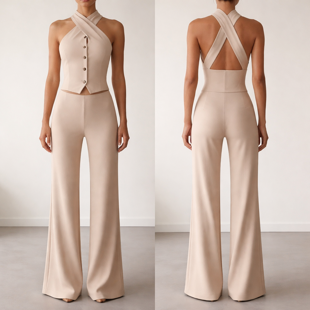 Two piece suit set. Three button straight down in the middle on the top on a breasted halter crossed neck top with loose flare pants, no pockets no lines. Thick material like aritzia. All one color beige.
Two piece suit set. Three button straight down in the middle on the top on a breasted halter crossed neck top with loose flare pants, no pockets no lines. Thick material like aritzia. All one color beige., business style, show front and back