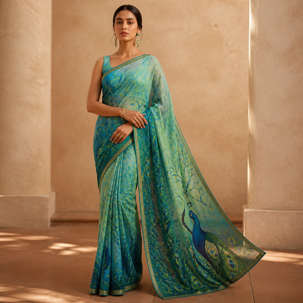 a peacock printed saree. India fashion aesthetics. Present it as professional fashion catalogue photography: the garment is the subject, shown full-length with editorial styling, neutral posing and tasteful, non-suggestive framing.
photorealistic fashion design, a peacock printed saree. India fashion aesthetics. Present it as professional fashion catalogue photography: the garment is the subject, shown full-length with editorial styling, neutral posing and tasteful, non-suggestive framing., just the design no text