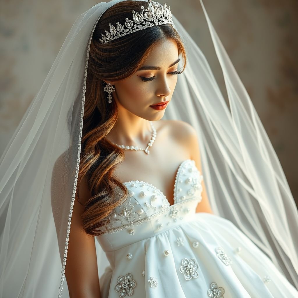 Think orthodox wedding here UR AMAZING BEAUTIFUL WORK WOW. full sized:) ur so good! We need the feet too! Full model sized human. We need every dress detail!!! :) YAY Imagine all to see in ones appearance.. first the crown. Wow breathtaking! The embarking, the chains dangling around each spike of diamond. Then the veil.. mesh and see through, to see the beautiful brunette hair with balayage and baby lights. Design through the ends of the veil. Dress.. hmm.. I’m thinking flowy at the bottom and shaping at the waist. Pearl designs in the diameter of the bottom flowy part. On each side of the hip of the dress, curtain soft flower designs as on the inside is a pocket:). Necklace and makeup like Mary mandolin.. ORTHODOX beauty. Shoes spiral up the legs of the woman like a ballerina.. you can do the rest:)
Imagine an ethereal Orthodox wedding gown that gracefully embodies tradition and contemporary elegance. A stunning tiara crowned with brilliant diamonds accents a flowing veil, revealing soft balayage waves. The dress, cinched at the waist, features a voluminous skirt adorned with pearl patterns, while delicate floral appliqués hide discreet pockets. Shoes spiral like delicate ballet slippers, wrapping elegantly around the legs, embodying grace. Complete the look with exquisite jewelry and a makeup palette inspired by classic beauty, evoking a timeless romantic aura that captivates all. This harmonious ensemble exudes sophistication and artistry, enchanting every onlooker.