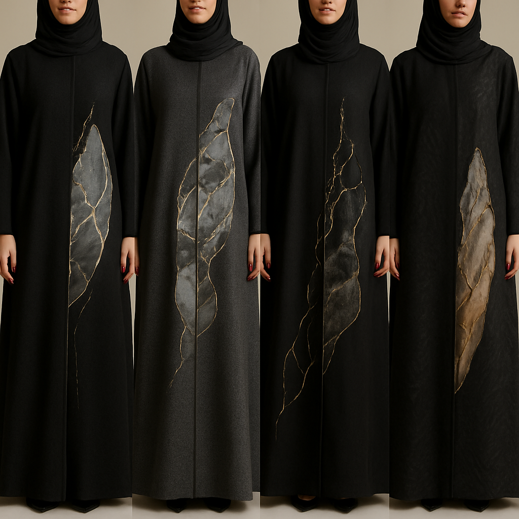 Create a modest abaya that's the first of its kind, featuring a unique stone design that exudes a classy and sophisticated vibe. I'd like four designs, each showcasing different styles and fabrics.
Incorporate high-end, unique chic stone designs to make them truly special. Add a little sophisticated stone work to it.

Create a modest abaya that's the first of its kind, featuring a unique stone design that exudes a classy and sophisticated vibe. I'd like four designs, each showcasing different styles and fabrics.
Incorporate high-end, unique chic stone designs to make them truly special. Add a little sophisticated stone work to it.
