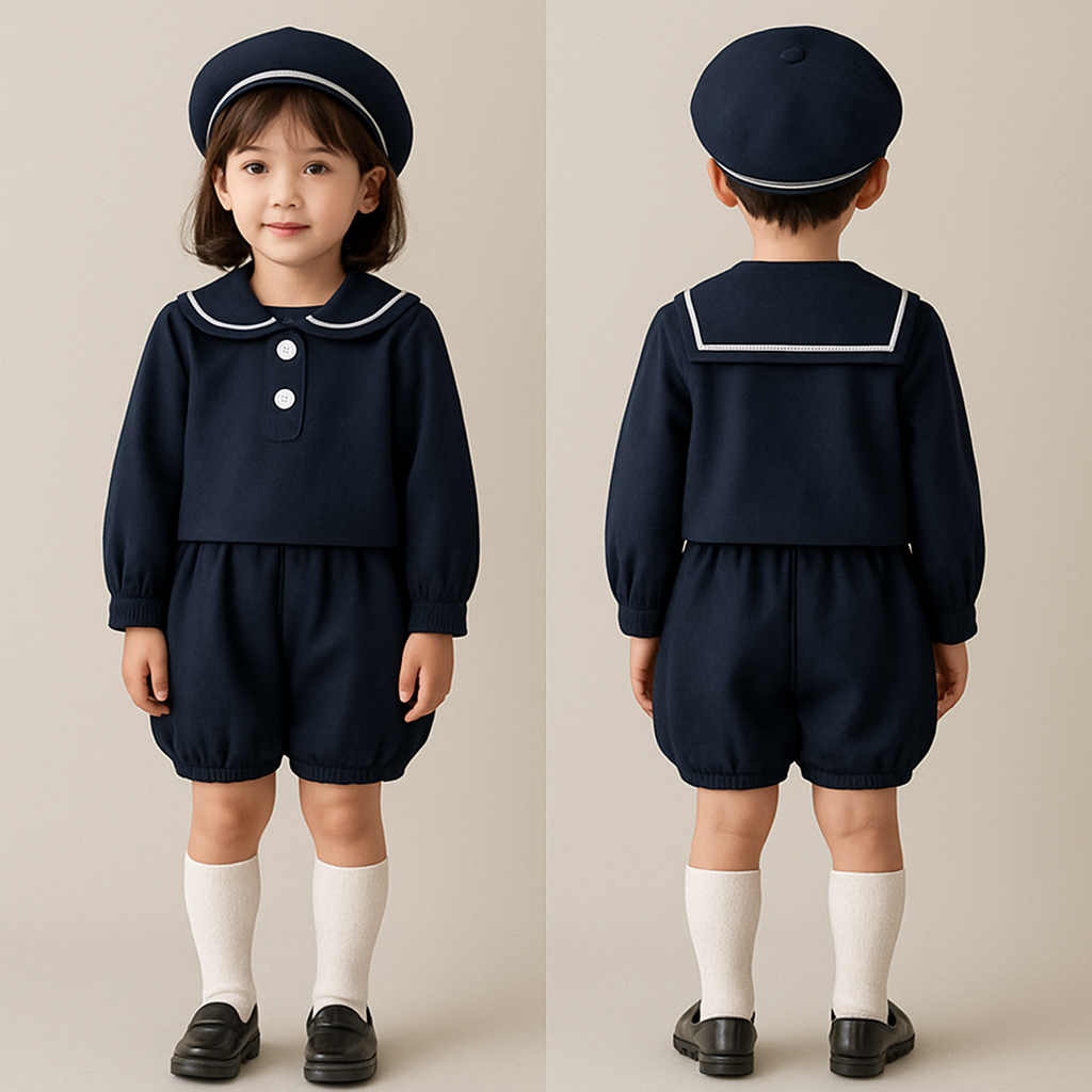 歳の女の子、男の子着用
ユニセックス
紺に白線のセーラー服のセットアップ
前襟のセーラー部分は丸く真ん中に白いボタン2つ
長袖
ズボンはかぼちゃ型の半ズボン (丸く)
生地は涼しめ、上下同じ生地セットアップと同じ生地で、紺に一本の白線のベレー帽、トップノブあり
白いハイソックス
ローファー
歳の女の子、男の子着用
ユニセックス
紺に白線のセーラー服のセットアップ
前襟のセーラー部分は丸く真ん中に白いボタン2つ
長袖
ズボンはかぼちゃ型の半ズボン (丸く)
生地は涼しめ、上下同じ生地セットアップと同じ生地で、紺に一本の白線のベレー帽、トップノブあり
白いハイソックス
ローファー, show front and back