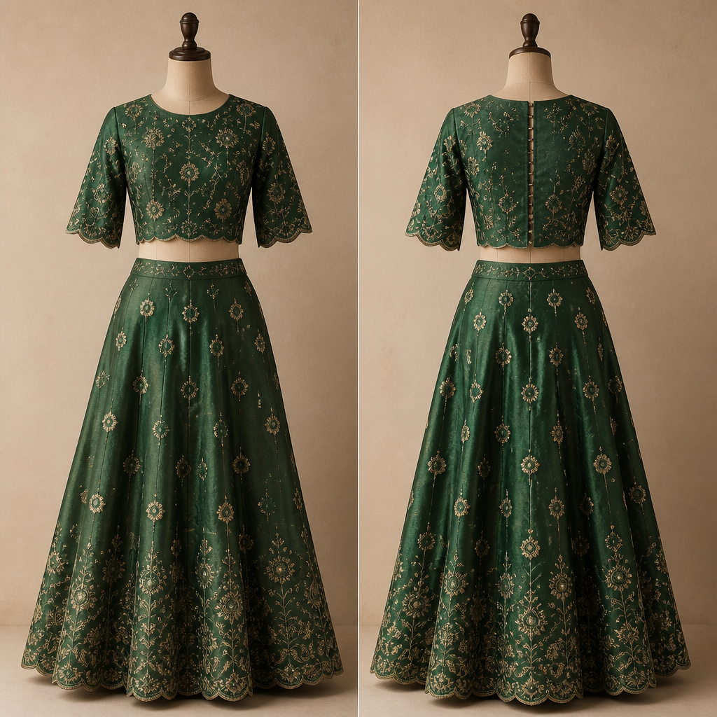 I have a tradinal saree green color with naath embroidery on it. Make a top with hook opening on behind with front and back round neck not too deep. With sleeves until elbow scalloped. Top should be cropped. And make a ankle length skirt not too bulky at waist but flared downside.
photorealistic fashion design, I have a tradinal saree green color with naath embroidery on it. Make a top with hook opening on behind with front and back round neck not too deep. With sleeves until elbow scalloped. Top should be cropped. And make a ankle length skirt not too bulky at waist but flared downside., cultural style, just the design no text, show front and back