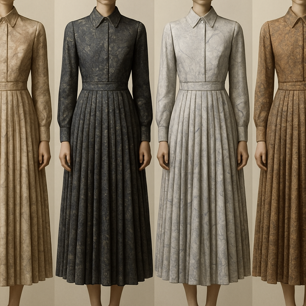 Create a modest two-piece long midi dress and shirt using symmetric pleat and silk, the first of its kind, featuring a unique stone design that exudes a classy and sophisticated vibe. I'd like four designs, each showcasing different styles and fabrics. Incorporate high-end, unique chic stone designs to make them truly special. Add little sophisticated stone designs.

Create a modest two-piece long midi dress and shirt using symmetric pleat and silk, the first of its kind, featuring a unique stone design that exudes a classy and sophisticated vibe. I'd like four designs, each showcasing different styles and fabrics. Incorporate high-end, unique chic stone designs to make them truly special. Add little sophisticated stone designs.