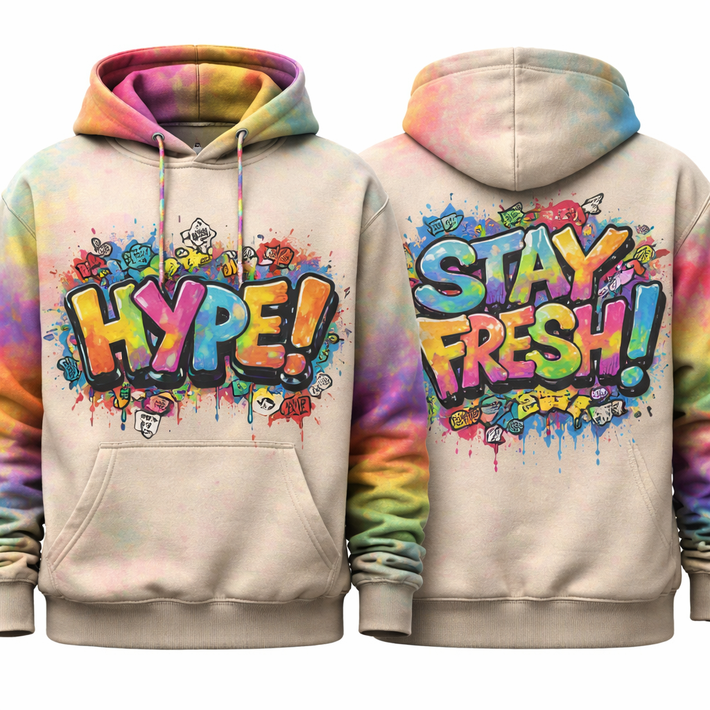A hoodie with graffiti on the stomach of the hoodie
A hoodie with graffiti on the stomach of the hoodie , retro style, show front and back