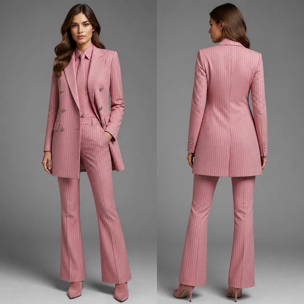 Woman double breasted pinstripe coat pink, a pink collar shirt matching pinstripe tie , matching pants a little flair , pink suede short booties
photorealistic fashion design, Woman double breasted pinstripe coat pink, a pink collar shirt matching pinstripe tie , matching pants a little flair , pink suede short booties , glamorous style, just the design no text, show front and back