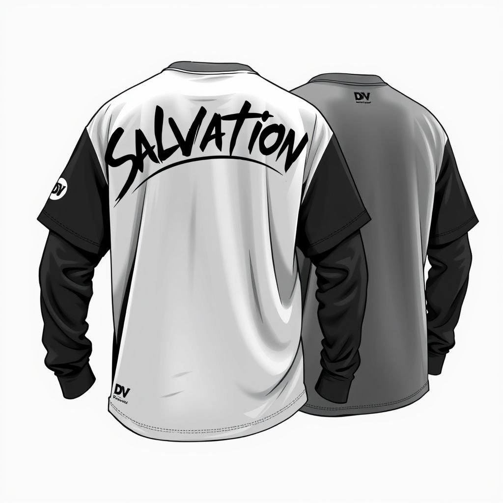 Men’s Shirt. Short sleeve with long sleeve under. With salvation across shoulders on back of shirt. Grey on grey, dark grey/light grey. Oversized streetwear shirt, with light graffiti on it. With “DV” on front in top left. Show both front and back.
Design an oversized men’s short-sleeve shirt, layered over a contrasting long-sleeve tee. The back features bold, artistic "Salvation" lettering across the shoulders, while light grey and dark grey hues create a dynamic interplay. Add subtle graffiti accents for urban flair, with a prominent "DV" logo on the front left side. Emphasize comfort and attitude, showcasing both front and back views to highlight its streetwear essence.