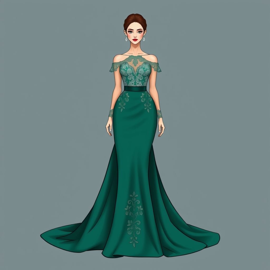Make a outfit as you wish
Design an elegant evening gown featuring a dramatic, floor-length silhouette made from luxurious silk. Incorporate a fitted bodice adorned with intricate lace appliqués and sheer, off-the-shoulder sleeves. The deep emerald color complements a sweeping train, while a subtle satin belt cinches the waist for a refined, sophisticated look.