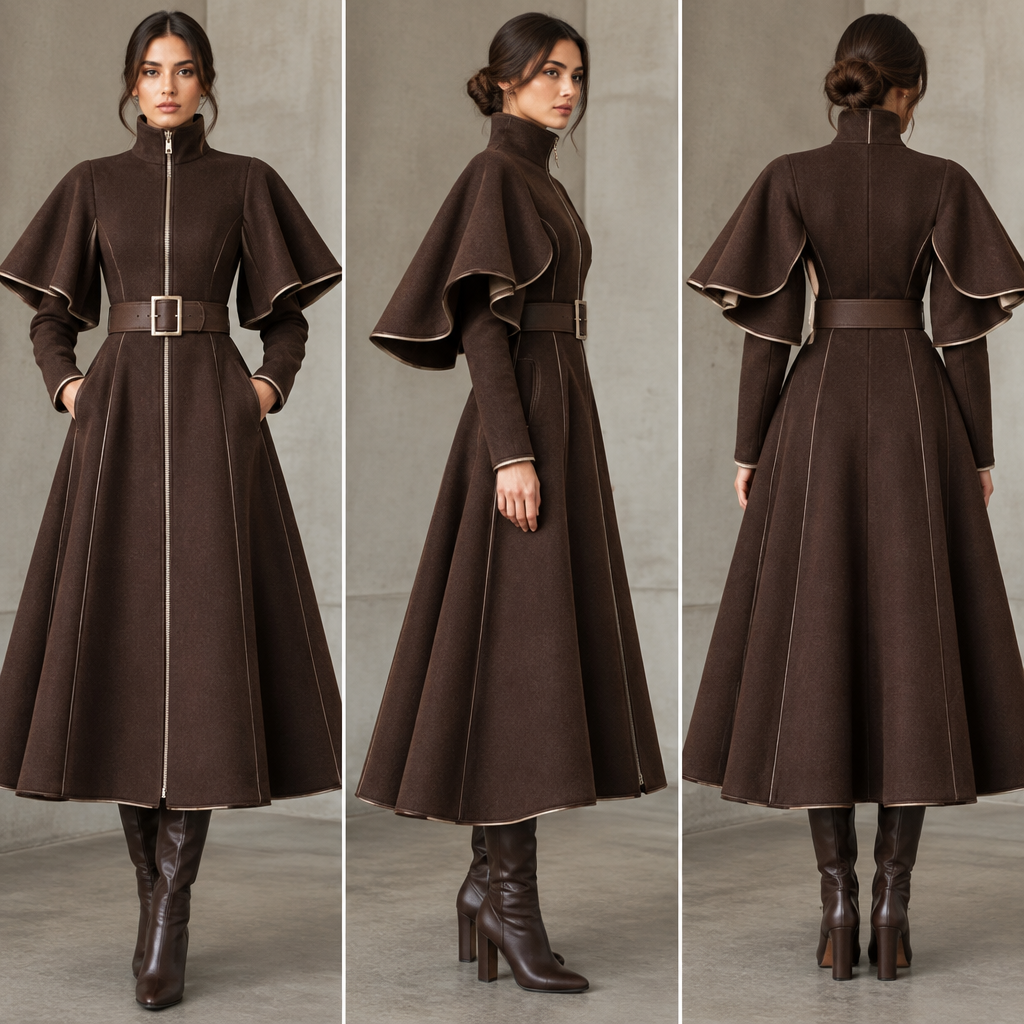 A unique women’s long dark chocolate-brown coat with a dramatic sculptural silhouette. The coat has a high standing collar and a full-length central zipper running from the collar to the bottom hem. It features an elegant fitted waist emphasized by a wide matching leather belt with a large rectangular metal buckle.
The most distinctive feature is the dramatic wing-shaped sleeves. The upper sleeves extend outward from the shoulders in a wide, cape-like shape, resembling elegant wings. Beneath the wing-shaped upper layer, there are separate long fitted sleeves extending to the wrists. The layered sleeves create a striking three-dimensional silhouette and allow the arms to move freely.
The coat has a very wide, flowing A-line skirt-like lower section that gradually flares from the waist and reaches below the knees toward mid-calf. The front has subtle vertical seams and structured panels that emphasize the elongated silhouette. The coat has practical side pockets integrated into the front.
All major edges, including the wing-shaped sleeves, cuffs, front edges and lower hem, are finished with subtle contrasting light-colored piping that outlines the construction of the garment. The back continues the same elegant wing-like silhouette, with the waist belt visible from behind.
Use high-quality dark brown leather or luxurious structured wool with a slightly matte finish. The design should look elegant, sophisticated, modern and architectural while remaining practical and wearable for everyday winter fashion. The silhouette should feel feminine and powerful, with the wing-shaped sleeves as the main signature detail.
Photorealistic high-fashion photography on a real female model, realistic fabric texture and realistic garment construction. Show the full coat clearly, including the front, side and back. Do not simplify the wing-shaped sleeves, layered arms, belt, piping or flared silhouette. The garment must look physically manufacturable and wearable in real life.
photorealistic fashion design, A unique women’s long dark chocolate-brown coat with a dramatic sculptural silhouette. The coat has a high standing collar and a full-length central zipper running from the collar to the bottom hem. It features an elegant fitted waist emphasized by a wide matching leather belt with a large rectangular metal buckle.
The most distinctive feature is the dramatic wing-shaped sleeves. The upper sleeves extend outward from the shoulders in a wide, cape-like shape, resembling elegant wings. Beneath the wing-shaped upper layer, there are separate long fitted sleeves extending to the wrists. The layered sleeves create a striking three-dimensional silhouette and allow the arms to move freely.
The coat has a very wide, flowing A-line skirt-like lower section that gradually flares from the waist and reaches below the knees toward mid-calf. The front has subtle vertical seams and structured panels that emphasize the elongated silhouette. The coat has practical side pockets integrated into the front.
All major edges, including the wing-shaped sleeves, cuffs, front edges and lower hem, are finished with subtle contrasting light-colored piping that outlines the construction of the garment. The back continues the same elegant wing-like silhouette, with the waist belt visible from behind.
Use high-quality dark brown leather or luxurious structured wool with a slightly matte finish. The design should look elegant, sophisticated, modern and architectural while remaining practical and wearable for everyday winter fashion. The silhouette should feel feminine and powerful, with the wing-shaped sleeves as the main signature detail.
Photorealistic high-fashion photography on a real female model, realistic fabric texture and realistic garment construction. Show the full coat clearly, including the front, side and back. Do not simplify the wing-shaped sleeves, layered arms, belt, piping or flared silhouette. The garment must look physically manufacturable and wearable in real life., just the design no text