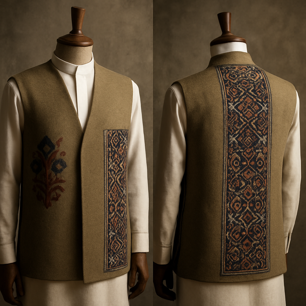 Urban Fusion — modern/short
"Contemporary sleeveless hip-length sedri worn over a traditional white Saudi thawb, on a luxurious wooden mannequin, khaki wool-poly blend with printed ajrak/sindhi side panels, simplified truck-art, low natural lighting emphasizing texture, textured studio urban backdrop, realistic with an artistic touch --ar 3:4 --v 5 --q 2"
Urban Fusion — modern/short
"Contemporary sleeveless hip-length sedri worn over a traditional white Saudi thawb, on a luxurious wooden mannequin, khaki wool-poly blend with printed ajrak/sindhi side panels, simplified truck-art, low natural lighting emphasizing texture, textured studio urban backdrop, realistic with an artistic touch --ar 3:4 --v 5 --q 2"
, show front and back