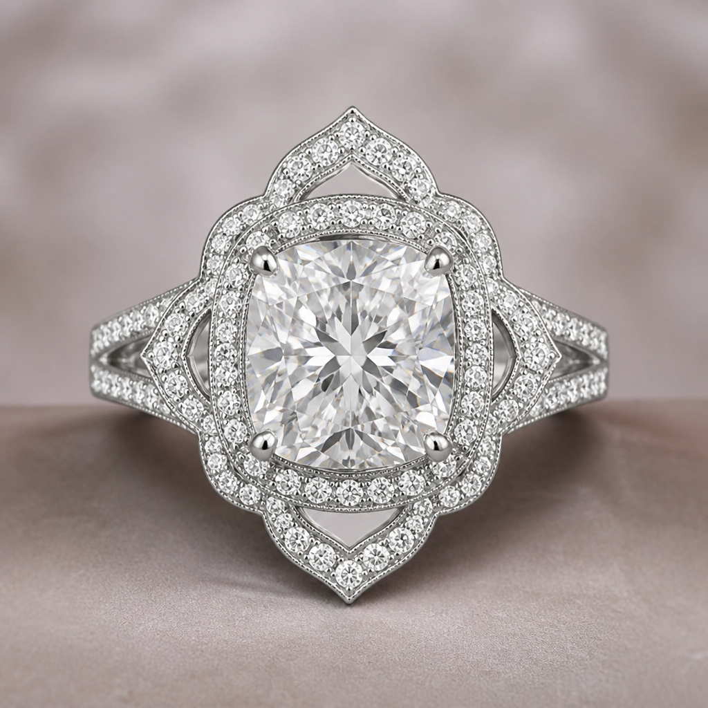 A Female fashion design. design a above reference ring using platinum and big diamond in middle and border it with small diamonds too. India fashion aesthetics.
photorealistic fashion design, A Female fashion design. design a above reference ring using platinum and big diamond in middle and border it with small diamonds too. India fashion aesthetics., just the design no text