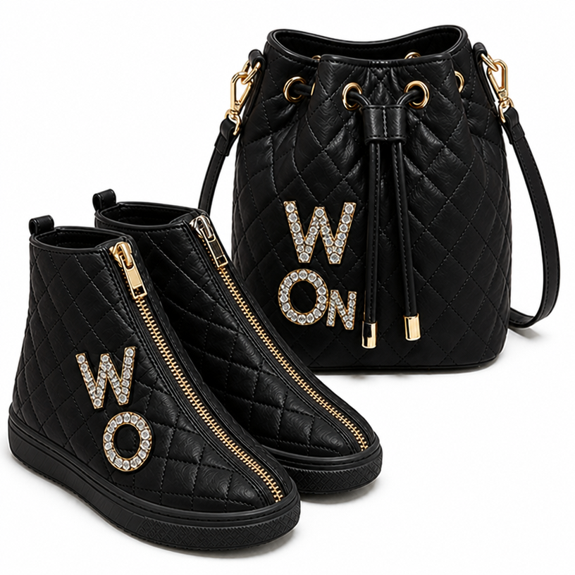 Black leather shoes and bag matching set with diamonds letters W and On
edit the attached fashion design with these instructions: Black leather shoes and bag matching set with diamonds letters W and On. keep it photorealistic, just the design no text