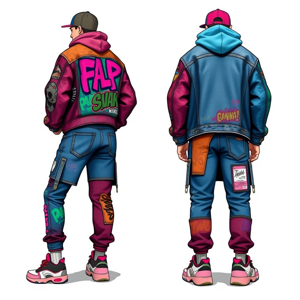 Design a colorful denim
Design a vibrant, oversized denim jacket featuring intricate graffiti-style artwork on the back and sleeves, paired with matching patchwork jeans. Incorporate bold, asymmetrical cuts and layered fabrics, along with oversized hoodies underneath for a trendy streetwear vibe. Complete the look with chunky sneakers and a snapback for ultimate urban flair.