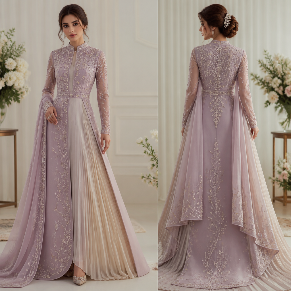 A Female Dress design, suitable for Summer. I need a completely unique, luxury Muslim engagement dress for my cousin's daytime engagement. I do not want a common design or something that is already popular on Pinterest or in boutiques. I want an exclusive couture-inspired design that looks original and memorable.
My Details
Height: 150 cm
Body Type: Slim
Skin Tone: Fair
Full sleeves are required.
No niqab.
Hijab is optional, but the outfit should also look beautiful without it.
I prefer minimal jewelry and heels.
The event is in a function hall during the daytime.
My Style Preference
Theme: Arabic Princess
Elegant, sophisticated, luxurious, and modest.
I prefer pastel shades, but you may choose the best color that complements my skin tone.
The dress should have a fully closed back.
Heavy embellishments are not necessary, but it should have enough refined detailing to make people admire it.
The overall look should be graceful rather than flashy.
What I Don't Want
Common engagement gowns.
Typical Anarkali or standard Arabic gowns.
Designs that are widely seen on social media or in local boutiques.
Anything that looks ordinary or repetitive.
What I Want
A one-of-a-kind couture design with a high-end designer feel.
A modern Arabic-inspired silhouette with an original structure.
Creative layering, elegant draping, and premium fabrics.
Fine hand embroidery, pearls, and delicate luxury details.
A design that is timeless, classy, and unforgettable.
Something that makes people ask, "Where did you get this dress designed?"
The design should be completely original, not copied from any existing designer or brand, while giving the feeling of an international luxury couture collection.. India fashion aesthetics.
photorealistic fashion design, A Female Dress design, suitable for Summer. I need a completely unique, luxury Muslim engagement dress for my cousin's daytime engagement. I do not want a common design or something that is already popular on Pinterest or in boutiques. I want an exclusive couture-inspired design that looks original and memorable.
My Details
Height: 150 cm
Body Type: Slim
Skin Tone: Fair
Full sleeves are required.
No niqab.
Hijab is optional, but the outfit should also look beautiful without it.
I prefer minimal jewelry and heels.
The event is in a function hall during the daytime.
My Style Preference
Theme: Arabic Princess
Elegant, sophisticated, luxurious, and modest.
I prefer pastel shades, but you may choose the best color that complements my skin tone.
The dress should have a fully closed back.
Heavy embellishments are not necessary, but it should have enough refined detailing to make people admire it.
The overall look should be graceful rather than flashy.
What I Don't Want
Common engagement gowns.
Typical Anarkali or standard Arabic gowns.
Designs that are widely seen on social media or in local boutiques.
Anything that looks ordinary or repetitive.
What I Want
A one-of-a-kind couture design with a high-end designer feel.
A modern Arabic-inspired silhouette with an original structure.
Creative layering, elegant draping, and premium fabrics.
Fine hand embroidery, pearls, and delicate luxury details.
A design that is timeless, classy, and unforgettable.
Something that makes people ask, "Where did you get this dress designed?"
The design should be completely original, not copied from any existing designer or brand, while giving the feeling of an international luxury couture collection.. India fashion aesthetics., just the design no text