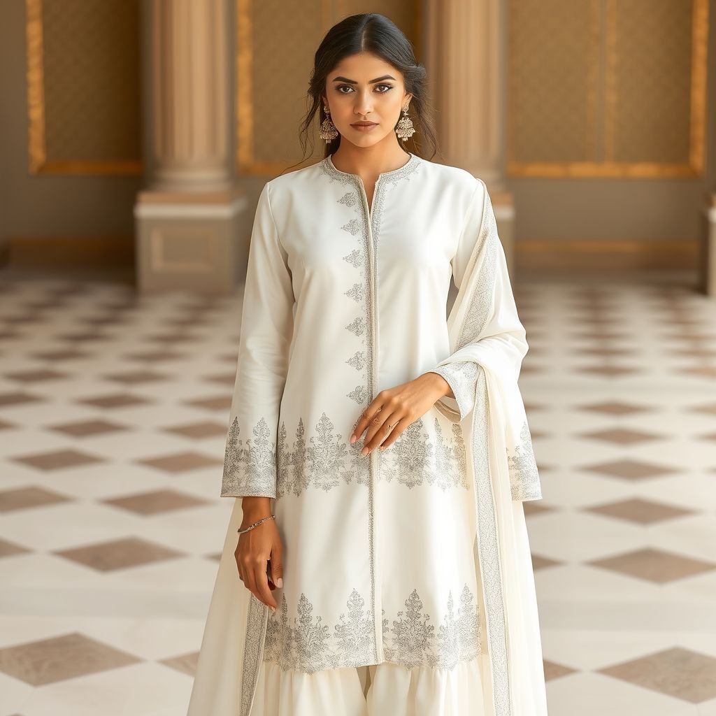 Shalwar kameez
Design an elegant white shalwar kameez made from luxurious silk, featuring intricate silver embroidery along the hem and sleeves, embodying formal sophistication. The kameez has a tailored collar and a refined, floor-length silhouette, while the shalwar is adorned with subtle pleats. Accentuate with a matching silk dupatta for a regal touch.
